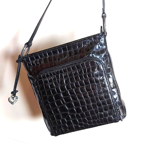 Brighton Sonny Black Patent🖤 Embossed Crocadile Genuine Leather Shoulder Bag - Picture 3 of 16